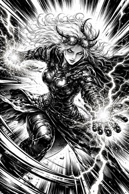 a black and white drawing of a woman with lightning