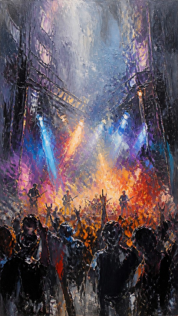 a live music scene with a glowing stage and silhouetted crowd, energetic vertical composition with open space at the top, no text