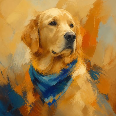 portrait of a golden retriever wearing a blue bandana, warm plain backdrop, no text