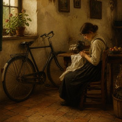 bicyle resting against a wall