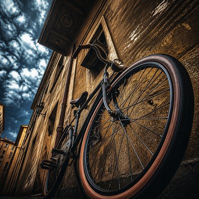 bicyle resting against a wall — Dramatic Foreshortening Art Style
