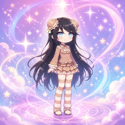 a girl with long black hair standing in front of a purple background
