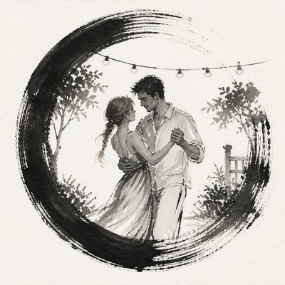 an original couple dancing under string lights in a garden at dusk: a man with short black hair in a linen shirt and a woman with braided red hair in a summer dress