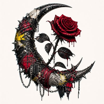 a rose entwined with a crescent moon, clean balanced composition on a plain background, no text