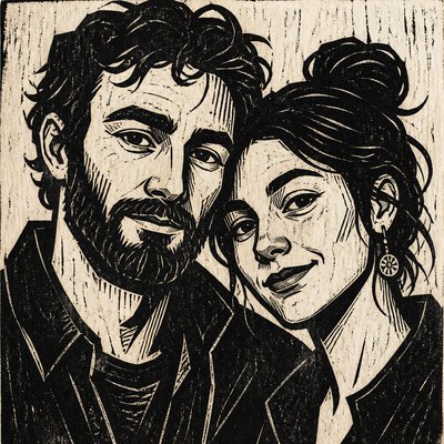 portrait of two people together — Woodcut Print Style