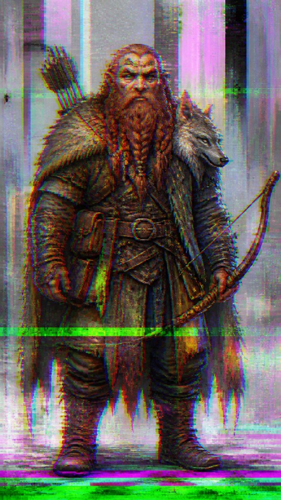 full-body original character: a dwarven ranger with a braided auburn beard, worn leather armor, a longbow and a wolf-pelt cloak, neutral background, no text