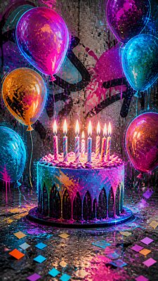 a birthday cake with lit candles surrounded by balloons and confetti, festive vertical composition, no text