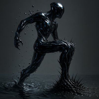 A surreal sculpture of a humanoid shape made of magnetic liquid metal, caught in a state of transformation, ArtStyle liquid metal. The composition is split between water and land. On the water side, the entity's leg is a vortex of water and metal swirling together, zero gravity liquid droplets rising up. On the land side, the other leg creates heavy, thick strands of magnetic fluid stretching and snapping as it steps onto the terrain, pulling the ocean with it. Intense texture of ferrofluid spikes and smooth metallic curves. Dramatic shadows, wet surface rendering, hyper-realistic physics.