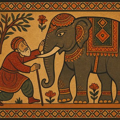 The first approached the elephant and happening to fall against his broad and study side at once began to bawl, God bless me but the elephant is very like a wall. Show a blind man falling against the side of the elephant with tusks.