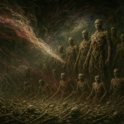 A profound and epic scene depicting the Vision of the Dry Bones from Ezekiel 37. In a desolate, vast valley, countless dry human bones are scattered, stark white and ancient. A powerful, divine wind (ruach) swirls through the valley, imbued with a sacred, ethereal glow, causing the bones to rattle and miraculously knit together. Tendons, flesh, and skin rapidly form over the skeletal structures, transforming them into fully-formed human figures. As the divine breath enters, the figures rise, not as individuals, but as a colossal, awe-inspiring army standing upright, gazing forward with renewed life and purpose. The sky above is dramatic, perhaps with stormy clouds breaking to reveal a divine light. The overall mood is one of miraculous resurrection, immense power, and hopeful restoration."