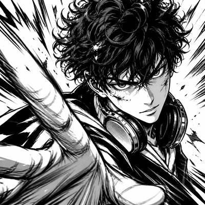 head-and-shoulders portrait of an original character: a young man with curly dark hair and headphones around his neck, plain backdrop, no text