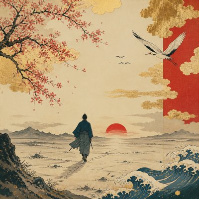 a solitary figure walking toward a glowing horizon across an empty plain, moody atmosphere, no text or lettering