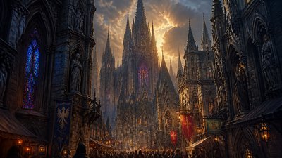 bustling city street panorama at dusk