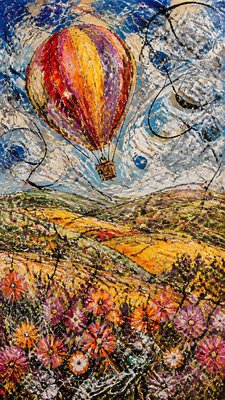 a hot air balloon drifting over rolling flower fields on a sunny day, cheerful, no text