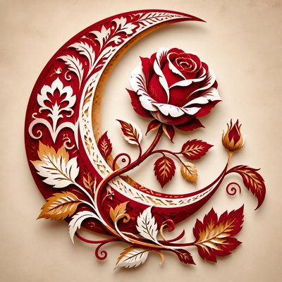 a rose entwined with a crescent moon, clean balanced composition on a plain background, no text
