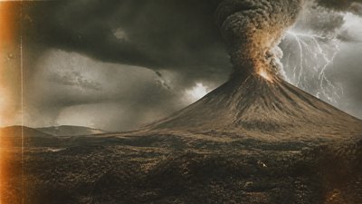 an erupting volcano with lightning strikes, dramatic wide composition, no text