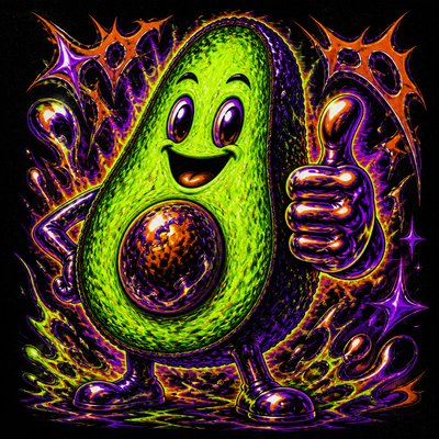 a happy avocado character giving a thumbs up, bold readable design on a plain background, no text