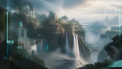 a cliffside city with waterfalls cascading into a misty canyon, wide establishing shot, no people, no text