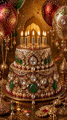 a birthday cake with lit candles surrounded by balloons and confetti, festive vertical composition, no text