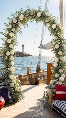 an arch of white roses and eucalyptus in soft morning light, elegant vertical composition with open space, no text