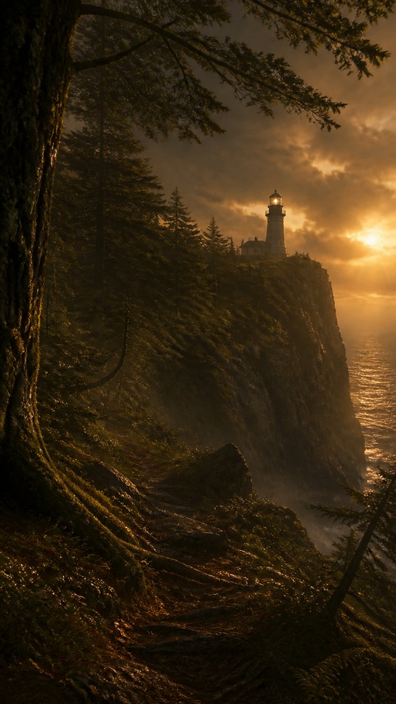 a lone lighthouse on a cliff at dusk under a dramatic sky, no text or lettering