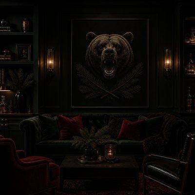 a roaring bear head above crossed pine branches, bold graphic composition on a plain background, no text