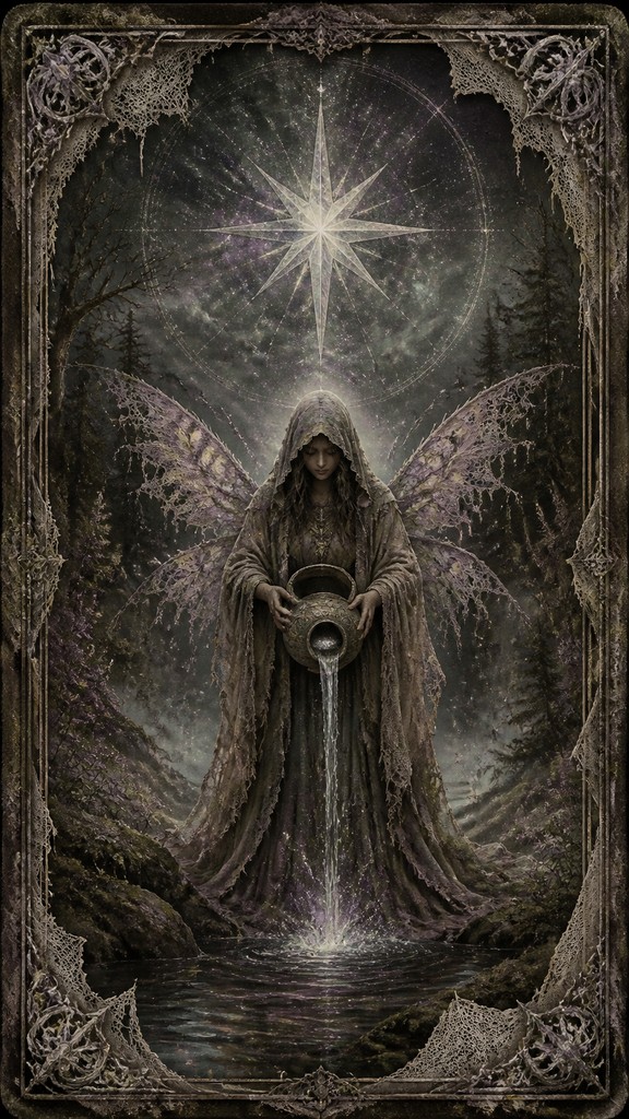 a robed figure pouring water beneath a large eight-pointed star in a night sky, symmetrical composition with an ornate decorative border, no text