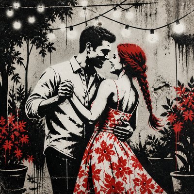 an original couple dancing under string lights in a garden at dusk: a man with short black hair in a linen shirt and a woman with braided red hair in a summer dress