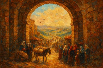 a painting of a group of people standing in front of a stone arch