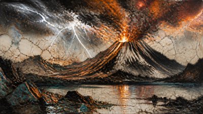 an erupting volcano with lightning strikes, dramatic wide composition, no text