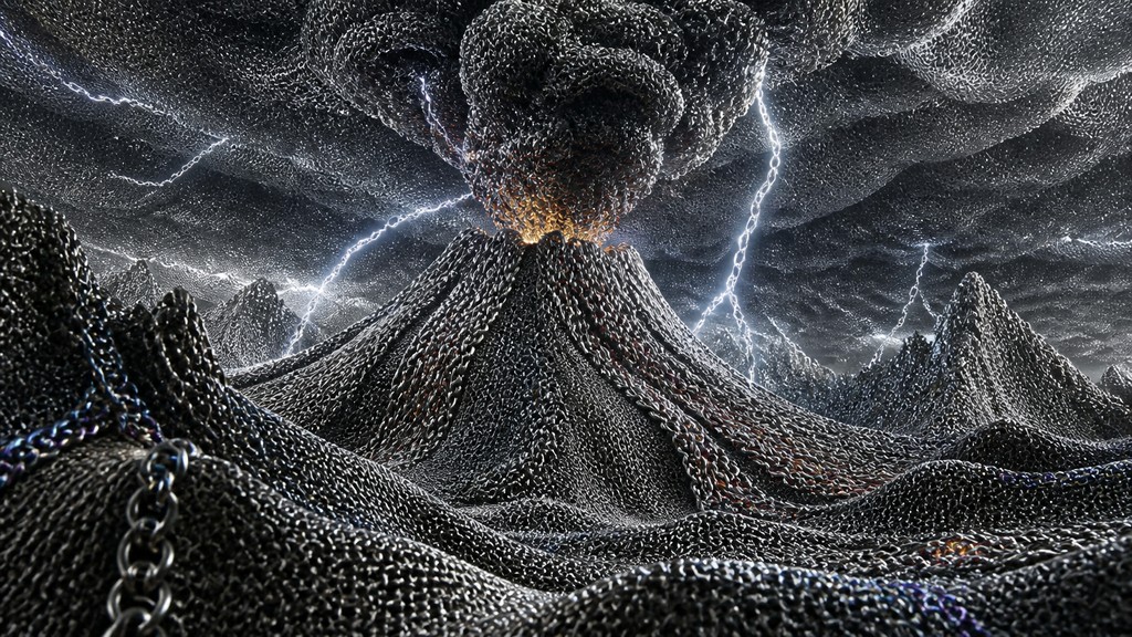 an erupting volcano with lightning strikes, dramatic wide composition, no text