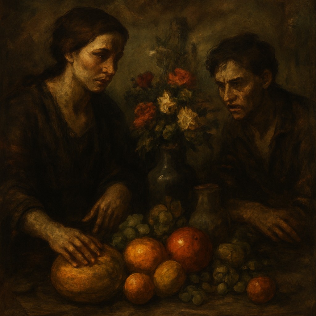 still life arrangement of fruits and flowers