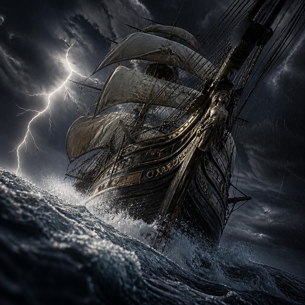 sailing ship on a stormy sea — Dramatic Foreshortening Art Style