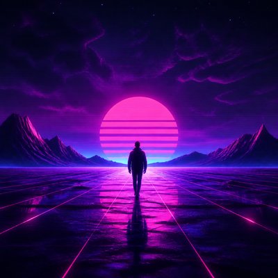 a solitary figure walking toward a glowing horizon across an empty plain, moody atmosphere, no text or lettering