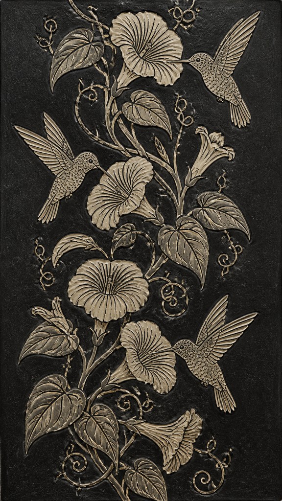 a climbing vine of flowers and hummingbirds on a dark background, tall wrapping composition, no text