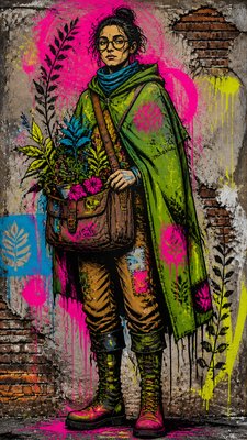 full-body original character: a wandering botanist with a satchel of plants, a patched green cloak, tall boots and round glasses, neutral background