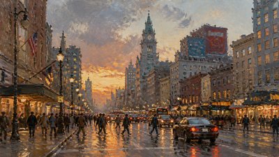 bustling city street panorama at dusk