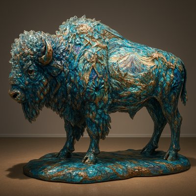     A breathtaking, full-size artistic sculpture of a standing buffalo, rendered entirely in the style of intricate, luminous glass art, reminiscent of the painted buffalo installations found in West Yellowstone art shows. The buffalo's form is composed of countless individual pieces of vibrant, multifaceted stained glass or fused glass, meticulously cut, arranged, and joined, creating a cohesive and majestic shape.

    Instead of traditional paint, the entire surface of this glass buffalo is adorned with various miniature, finely detailed scenes and patterns etched, painted, or embedded within the glass itself, or created by the unique coloration and texture of the glass pieces. These scenes could depict:

        Western landscapes: Yellowstone's geysers, mountain ranges, pine forests, rivers.

        Wildlife: Elk, bears, wolves, eagles (in glass).

        Native American art motifs: Geometric patterns, symbols, and figures (also rendered in glass).

        Historical moments: Subtle nods to early explorers or iconic figures (stylized in glass).

    The buffalo's interior is subtly illuminated, causing the entire sculpture to glow from within. Light catches every facet of the glass, creating a dazzling play of refracted colors and intricate shadows on the ground around it. The background is a clean, modern art gallery setting with soft, focused lighting, allowing the buffalo to be the sole, radiant centerpiece. The atmosphere is one of awe, wonder, and appreciation for artistic craftsmanship and the spirit of the American West, reimagined through a unique, luminous medium. The artistic style is hyper-realistic, emphasizing the detailed texture, transparency, and brilliant light play inherent in glass art."