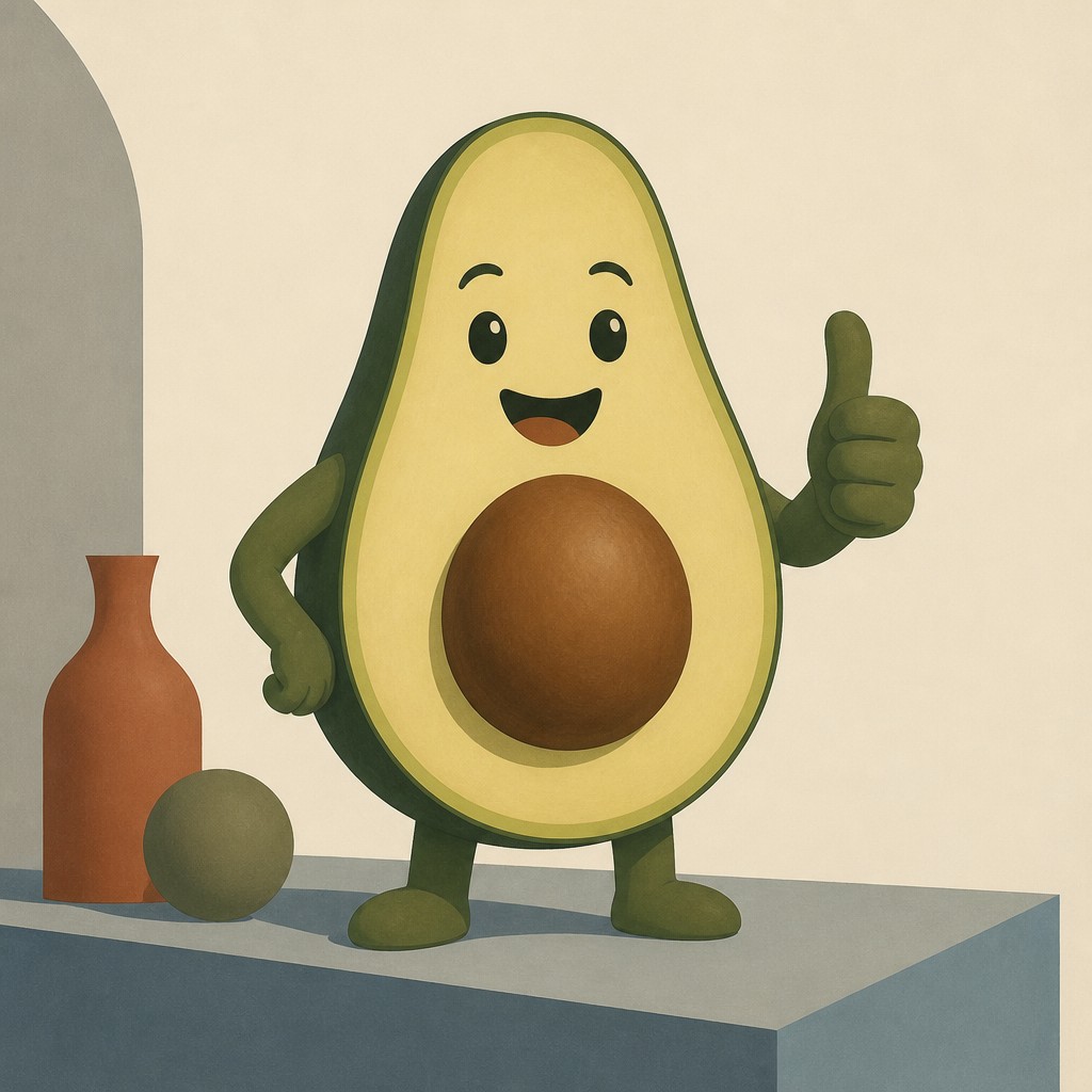 a happy avocado character giving a thumbs up, bold readable design on a plain background, no text