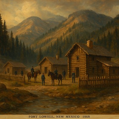 Create an image of the short-lived U.S. Army post known as Fort Lowell, New Mexico, circa 1868. The buildings are made of rough-hewn, rustic logs and timber, surrounded by a high mountain valley and coniferous trees, reflecting the high altitude of the New Mexico territory. Show a small number of New Mexico volunteers in period uniforms and their horses within a simple log palisade or fence line. The scene should be overcast and rugged, capturing the isolation of a frontier outpost