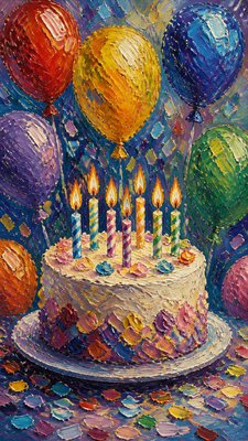 a birthday cake with lit candles surrounded by balloons and confetti, festive vertical composition, no text