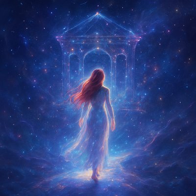 An ethereal and surreal depiction of a figure in a deep dream state, gracefully walking into the heart of the Mountain House constellation, also known as Libra. The figure is a lady with long, flowing red hair, luminous shimmering full length dress radiating a soft inner light, suggesting her non-physical dream presence. She is stepping off a softly glowing, dream-like pathway or ethereal bridge that extends from a misty, dreamscape foreground into the vastness of space.

    The Mountain House (Libra) constellation is not just stars but appears as a majestic, floating celestial architecture – perhaps as ancient, star-dusted pillars, glowing celestial doorways forming a 'mountain house' structure, built from nebulae and starlight. Within this constellation, gentle cosmic dust, shimmering gas clouds, and distant galaxies are visible, creating a sense of infinite depth.

    The dominant colors are soft blues, purples, and deep indigos of space, interwoven with golden and silver light emanating from the stars and the lady's luminous form and radiant red hair. There's a profound sense of peace, wonder, and weightlessness. The atmosphere is serene and magical, conveying the feeling of transcending physical reality and entering a realm of cosmic balance and ancient wisdom. The artistic style is highly fantastical and painterly, with a focus on glowing effects, subtle transparency, and a dreamlike composition.