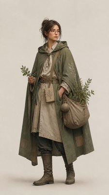 full-body original character: a wandering botanist with a satchel of plants, a patched green cloak, tall boots and round glasses, neutral background