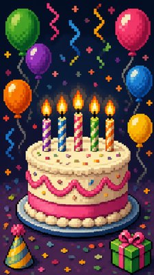 a birthday cake with lit candles surrounded by balloons and confetti, festive vertical composition, no text