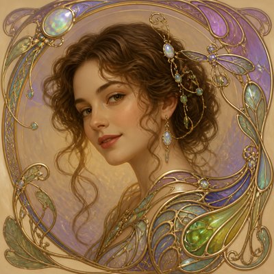 head-and-shoulders portrait of an original character: a young woman with wavy chestnut hair and a warm smile, plain soft backdrop