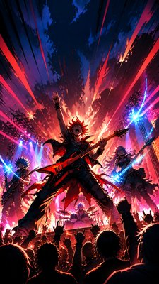 a live music scene with a glowing stage and silhouetted crowd, energetic vertical composition with open space at the top, no text