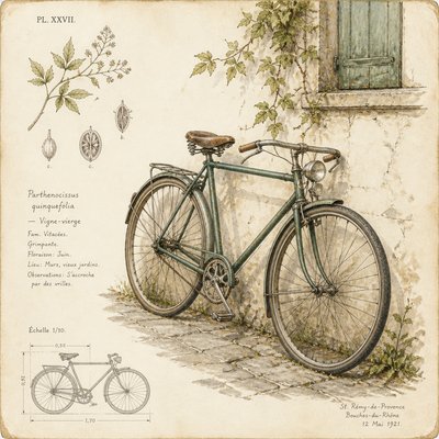 bicyle resting against a wall — Traditional Botanical Still Life Art Style