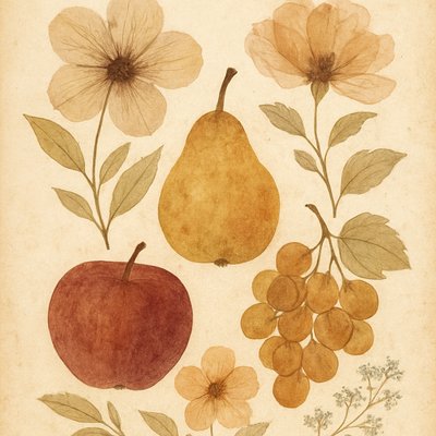still life arrangement of fruits and flowers