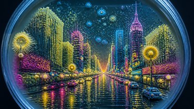 bustling city street panorama at dusk
