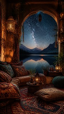 a tranquil mountain lake beneath a starry night sky, no people, no text